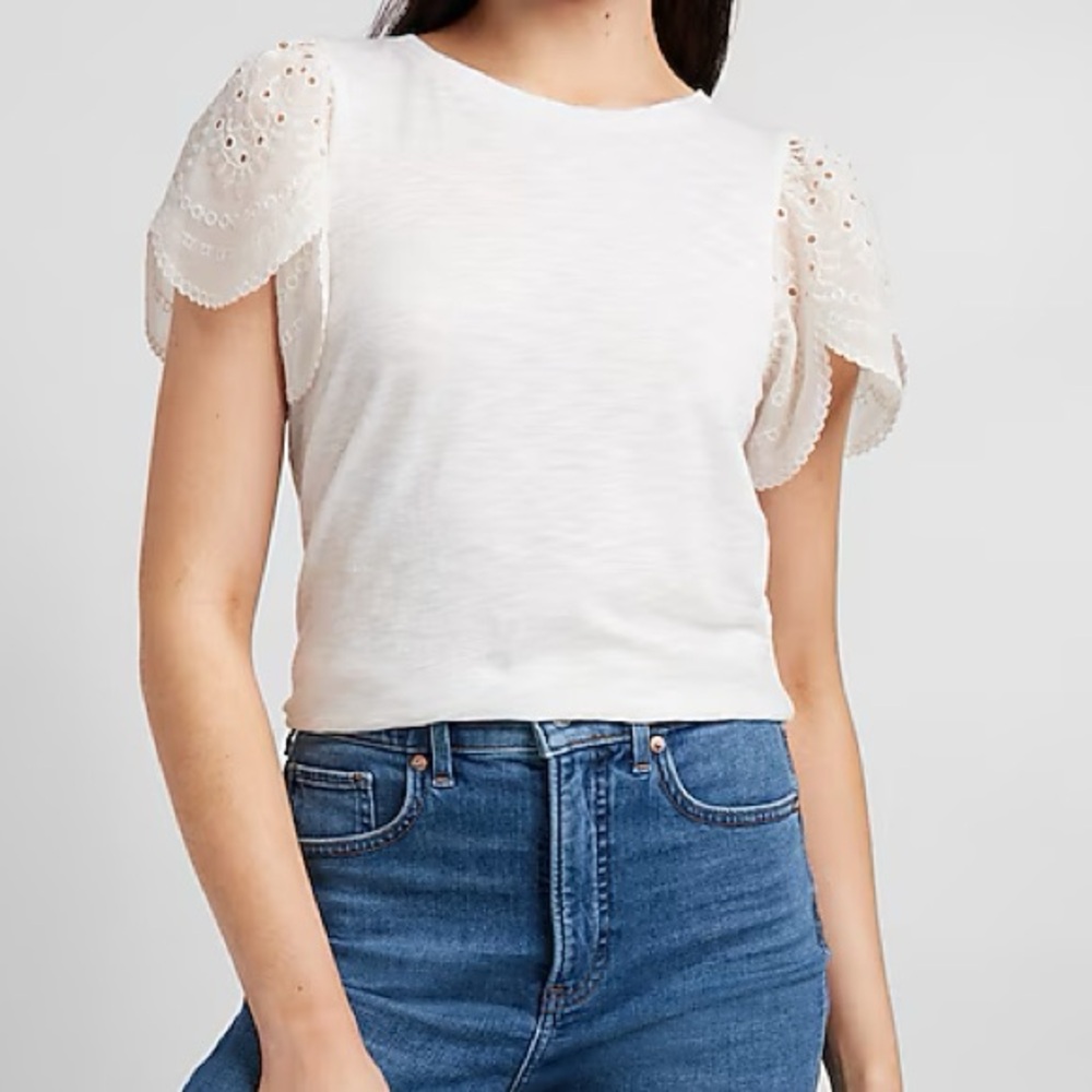 Express Cream Short Sleeve Puff Eyelet Lace Sleeve Detail Blouse Top